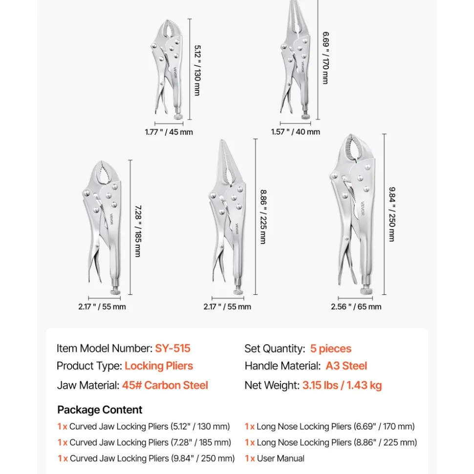 VEVOR Locking Pliers Set 5-Piece Pliers Tool Set Nickel-Plated Carbon Steel, Hand Tools for DIY & Home Use, 5"/7"/10" Curved Jaw, 6.5"/9" Long Nose, Ergonomic Non-Slip Handles, Adjustable Jaw Opening