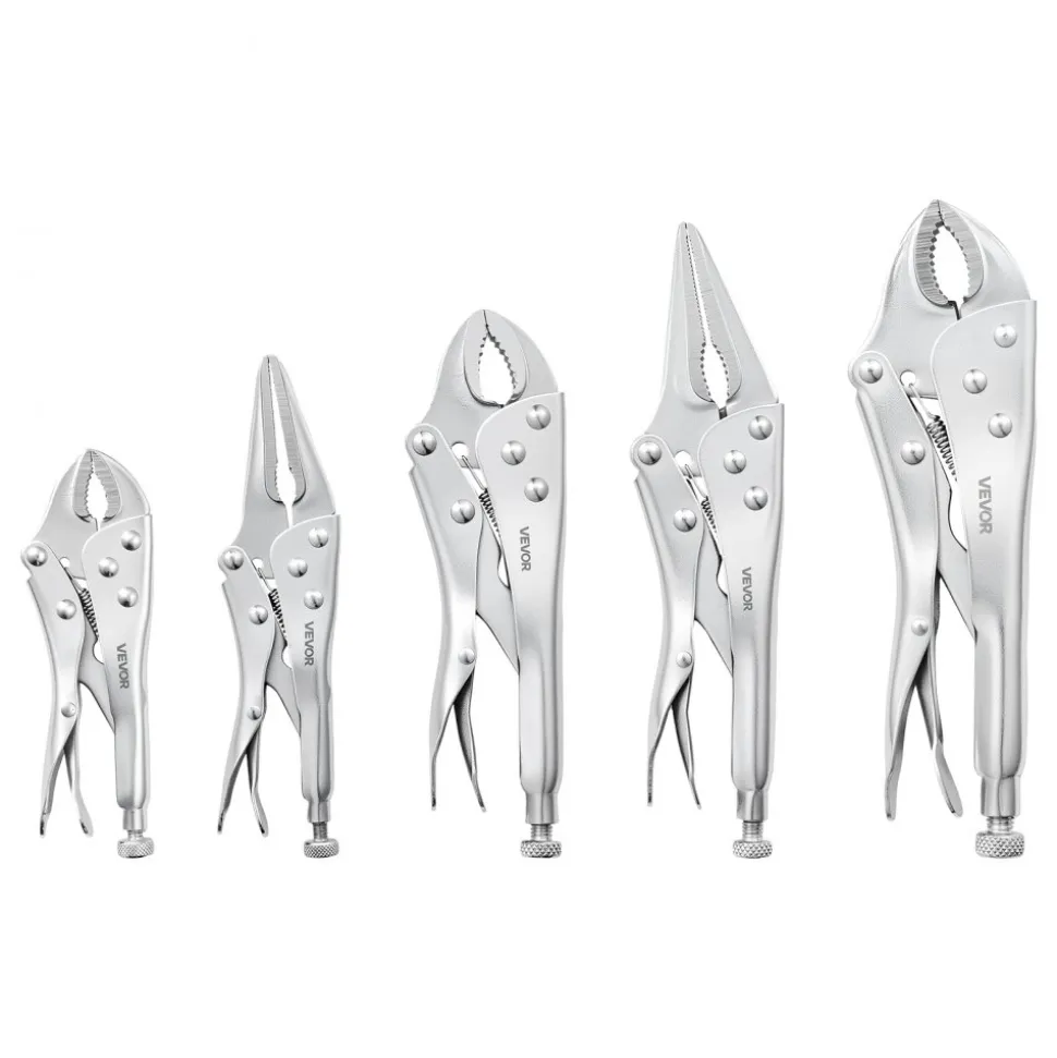 VEVOR Locking Pliers Set 5-Piece Pliers Tool Set Nickel-Plated Carbon Steel, Hand Tools for DIY & Home Use, 5"/7"/10" Curved Jaw, 6.5"/9" Long Nose, Ergonomic Non-Slip Handles, Adjustable Jaw Opening