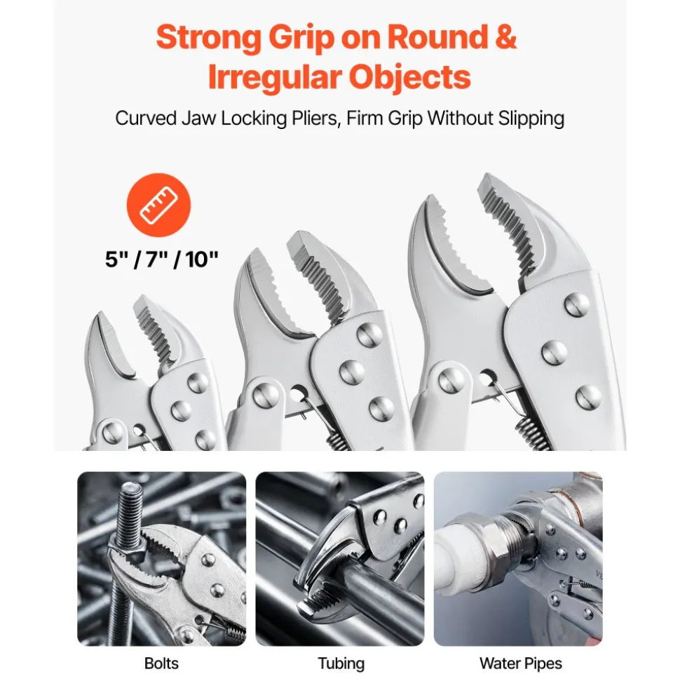 VEVOR Locking Pliers Set 5-Piece Pliers Tool Set Nickel-Plated Carbon Steel, Hand Tools for DIY & Home Use, 5"/7"/10" Curved Jaw, 6.5"/9" Long Nose, Ergonomic Non-Slip Handles, Adjustable Jaw Opening