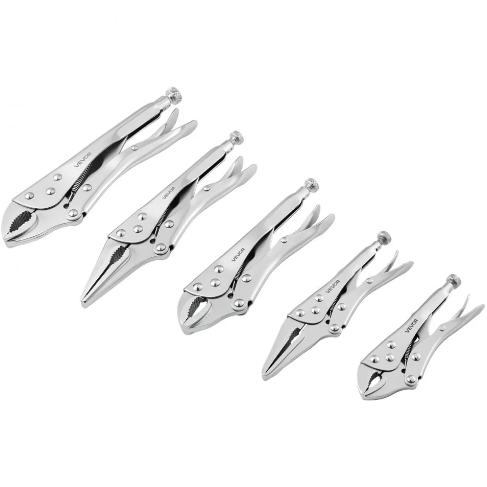 VEVOR Locking Pliers Set 5-Piece Pliers Tool Set Nickel-Plated Carbon Steel, Hand Tools for DIY & Home Use, 5"/7"/10" Curved Jaw, 6.5"/9" Long Nose, Ergonomic Non-Slip Handles, Adjustable Jaw Opening