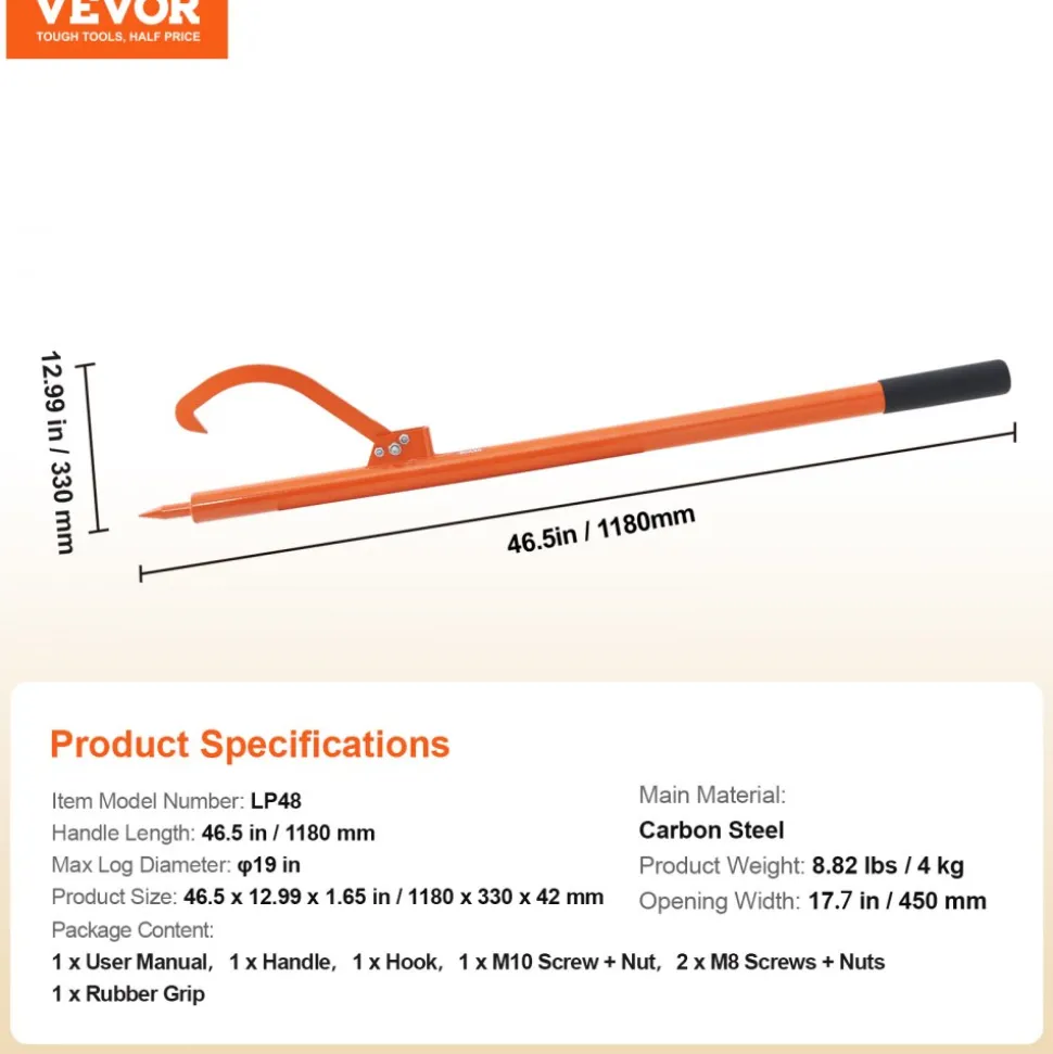VEVOR Log Peavey, 46.5 in, Metal Handle Log Lifter, Heavy Duty Log Roller with Max 19 in Opening, Rust-Resistant Log Jack Cant Hook, Felling Log Roller Tool for Rolling, Raising, Turning Logs
