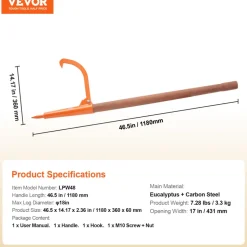 VEVOR Log Peavey, 46.5 in, Wooden Handle Log Lifter, Heavy Duty Log Roller with Max 18 in Opening, Rust-Resistant Log Jack Cant Hook, Felling Log Roller Tool for Rolling, Raising, Turning Logs