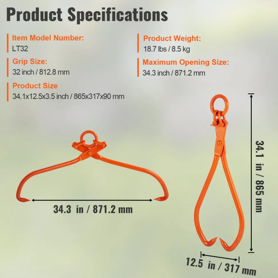 VEVOR Log Skidding Tongs, 32 inch 2 Claw Log Lifting Tongs, Heavy Duty Steel Lumber Skidding Tongs, 1543 lbs/700 kg Loading Capacity, Log Lifting, Handling, Dragging & Carrying Tool