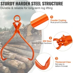 VEVOR Log Skidding Tongs, 32 inch 2 Claw Log Lifting Tongs, Heavy Duty Steel Lumber Skidding Tongs, 1543 lbs/700 kg Loading Capacity, Log Lifting, Handling, Dragging & Carrying Tool