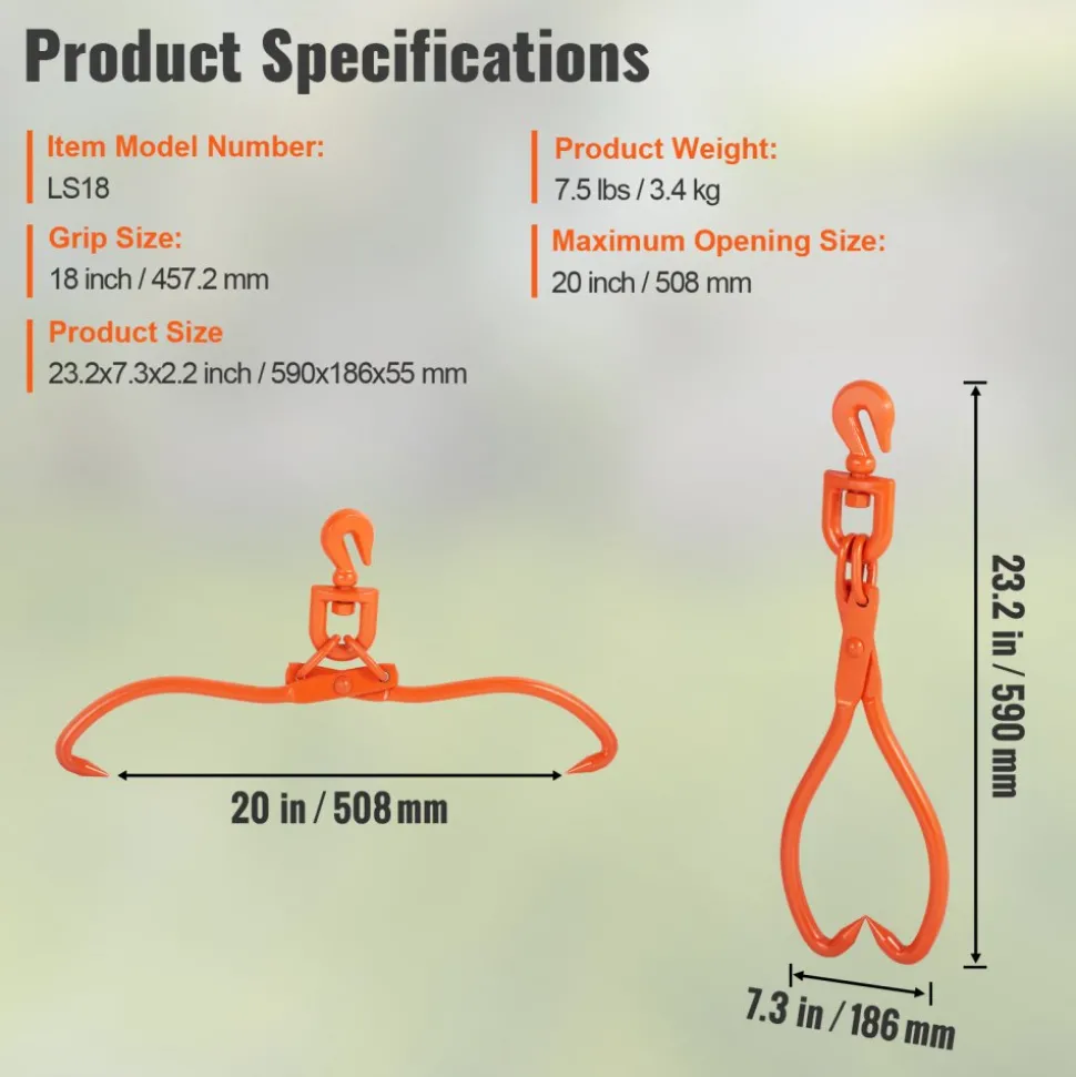 VEVOR Log Skidding Tongs, 18 inch 2 Claw Log Lifting Tongs, Heavy Duty Rotating Steel Lumber Skidding Tongs, 772 lbs/350 kg Loading Capacity, Log Lifting, Handling, Dragging & Carrying Tool