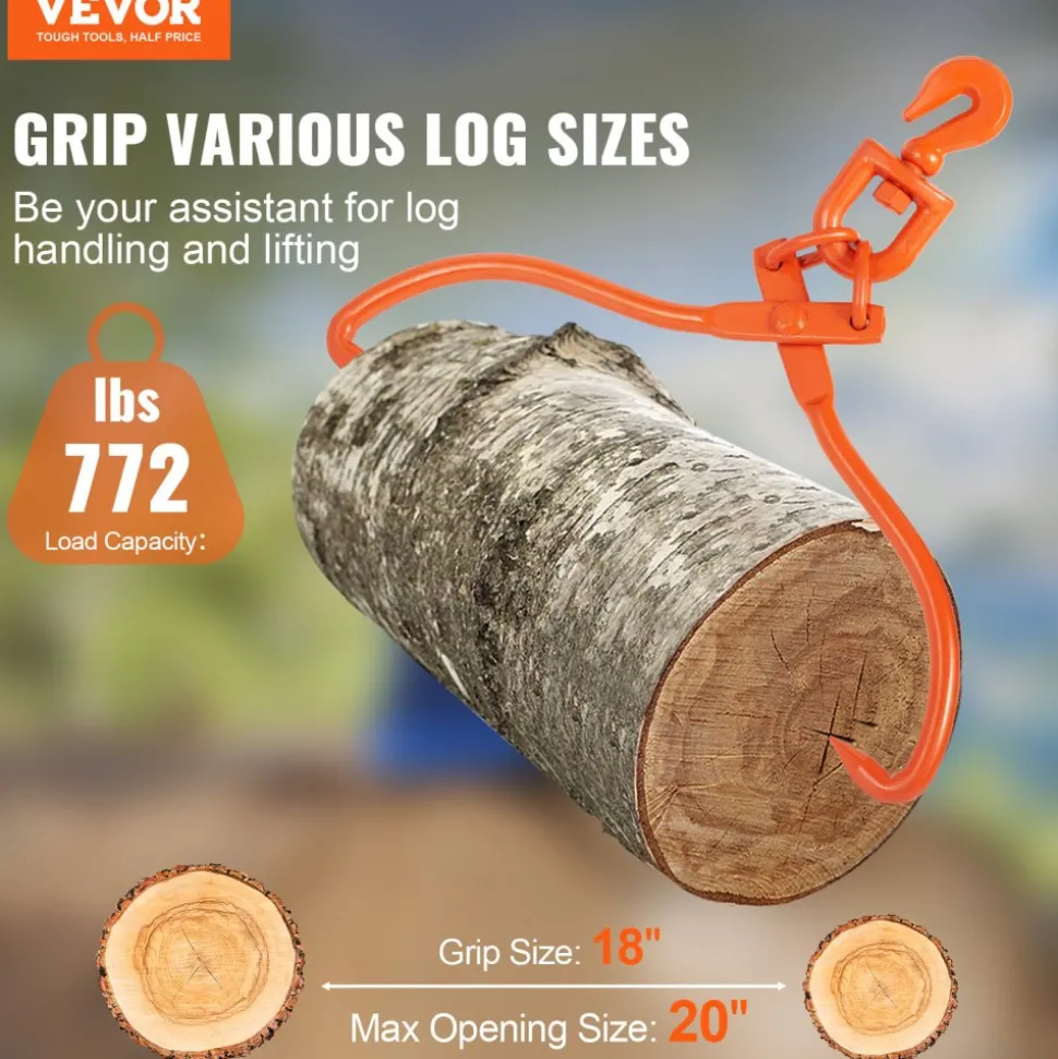 VEVOR Log Skidding Tongs, 18 inch 2 Claw Log Lifting Tongs, Heavy Duty Rotating Steel Lumber Skidding Tongs, 772 lbs/350 kg Loading Capacity, Log Lifting, Handling, Dragging & Carrying Tool