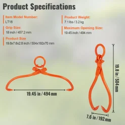VEVOR Log Skidding Tongs, 18 inch 2 Claw Log Lifting Tongs, Heavy Duty Steel Lumber Skidding Tongs, 772 lbs/350 kg Loading Capacity, Log Lifting, Handling, Dragging & Carrying Tool