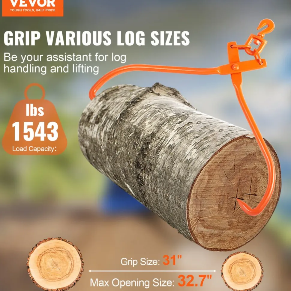 VEVOR Log Skidding Tongs, 32 inch 2 Claw Log Lifting Tongs, Heavy Duty Rotating Steel Lumber Skidding Tongs, 1543 lbs/700 kg Loading Capacity, Log Lifting, Handling, Dragging & Carrying Tool