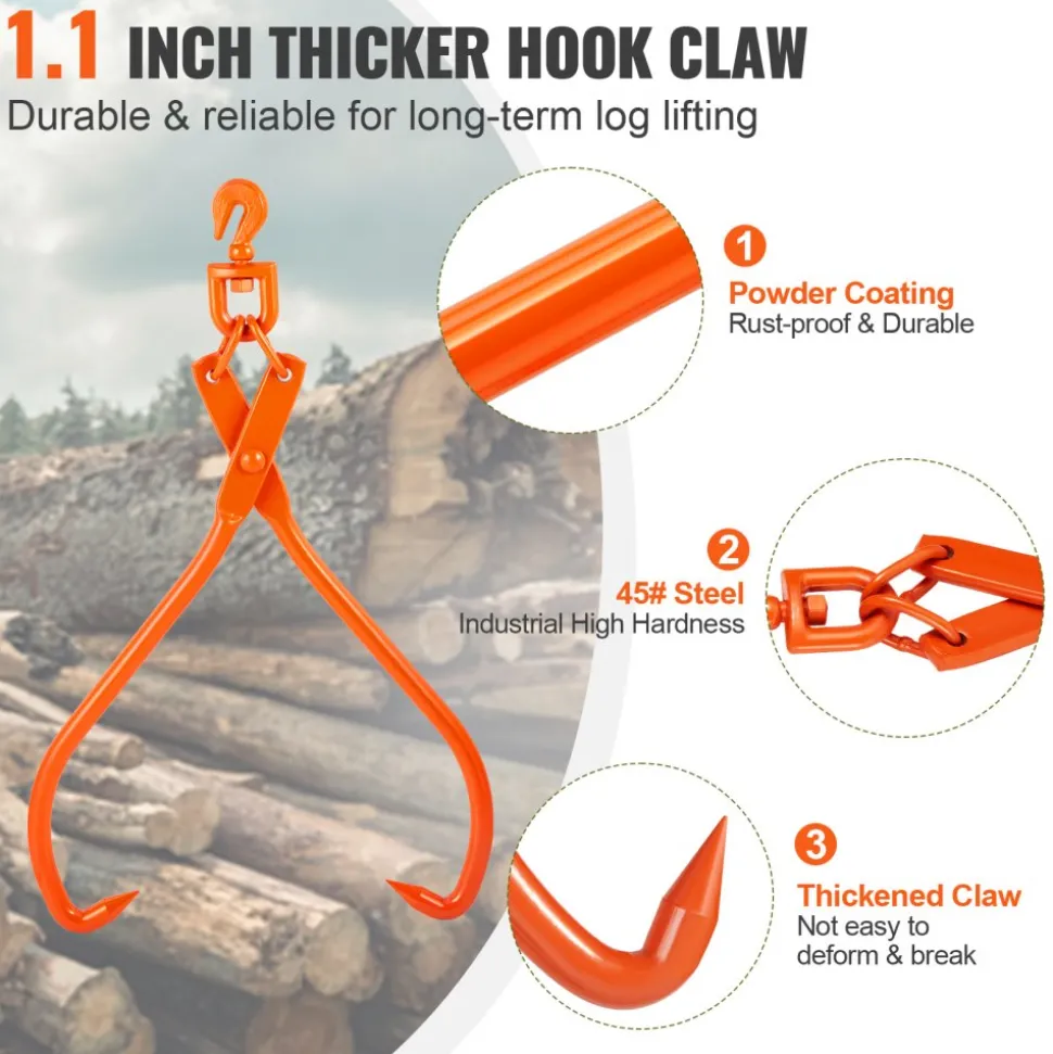 VEVOR Log Skidding Tongs, 32 inch 2 Claw Log Lifting Tongs, Heavy Duty Rotating Steel Lumber Skidding Tongs, 1543 lbs/700 kg Loading Capacity, Log Lifting, Handling, Dragging & Carrying Tool