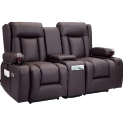 VEVOR Loveseat Recliner Sofa, Power Reclining Couch with Heating & Massage and Timer, PU Leather Electric Recliner Sofa with Center Console, USB Ports, Cup Holders and Side Bags for Living Room