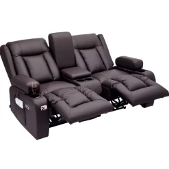 VEVOR Loveseat Recliner Sofa, Power Reclining Couch with Heating & Massage and Timer, PU Leather Electric Recliner Sofa with Center Console, USB Ports, Cup Holders and Side Bags for Living Room