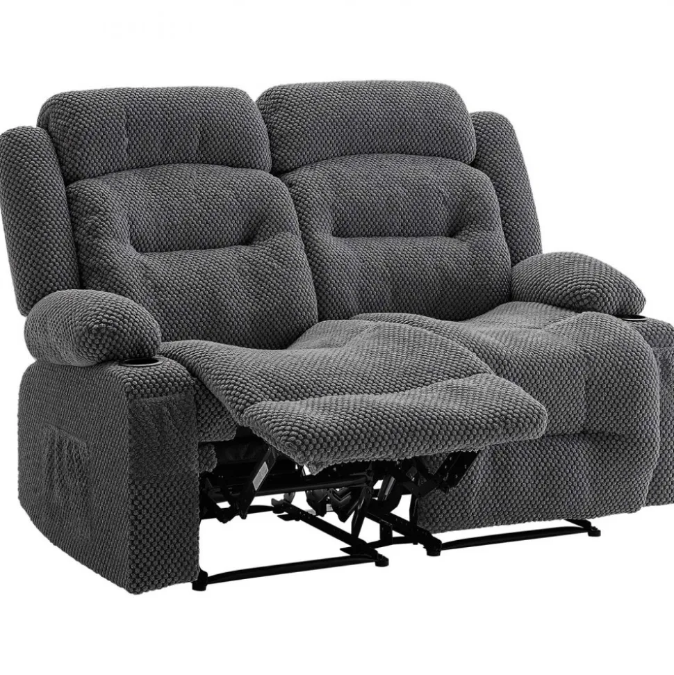VEVOR Loveseat Recliner Sofa, Manual Reclining Couch with Heating and Massage, Soft Corduroy Recliner Sofa with USB Ports, Cup Holders and Side Storage Bags, Dual Loveseat Chair for Living Room, Grey