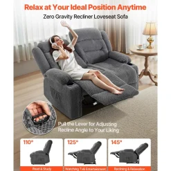 VEVOR Loveseat Recliner Sofa, Manual Reclining Couch with Heating and Massage, Soft Corduroy Recliner Sofa with USB Ports, Cup Holders and Side Storage Bags, Dual Loveseat Chair for Living Room, Grey