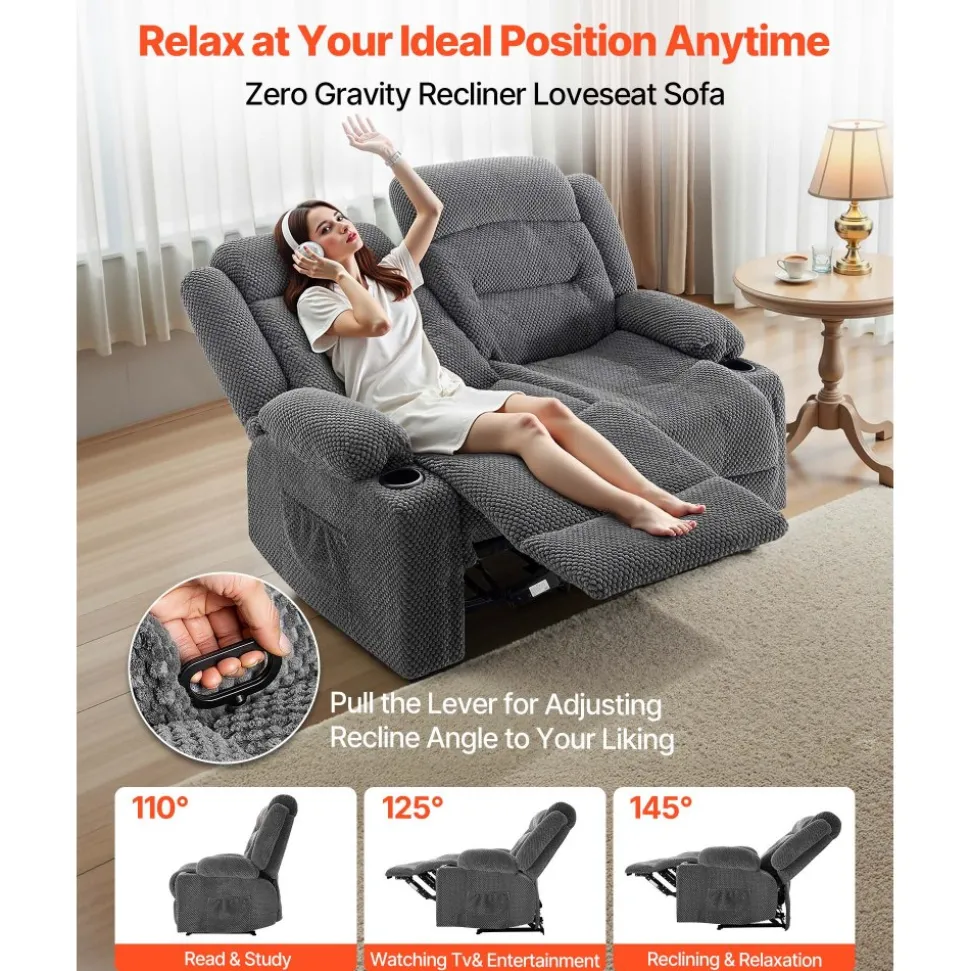 VEVOR Loveseat Recliner Sofa, Manual Reclining Couch with Heating and Massage, Soft Corduroy Recliner Sofa with USB Ports, Cup Holders and Side Storage Bags, Dual Loveseat Chair for Living Room, Grey