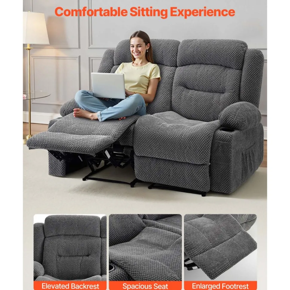 VEVOR Loveseat Recliner Sofa, Manual Reclining Couch with Heating and Massage, Soft Corduroy Recliner Sofa with USB Ports, Cup Holders and Side Storage Bags, Dual Loveseat Chair for Living Room, Grey