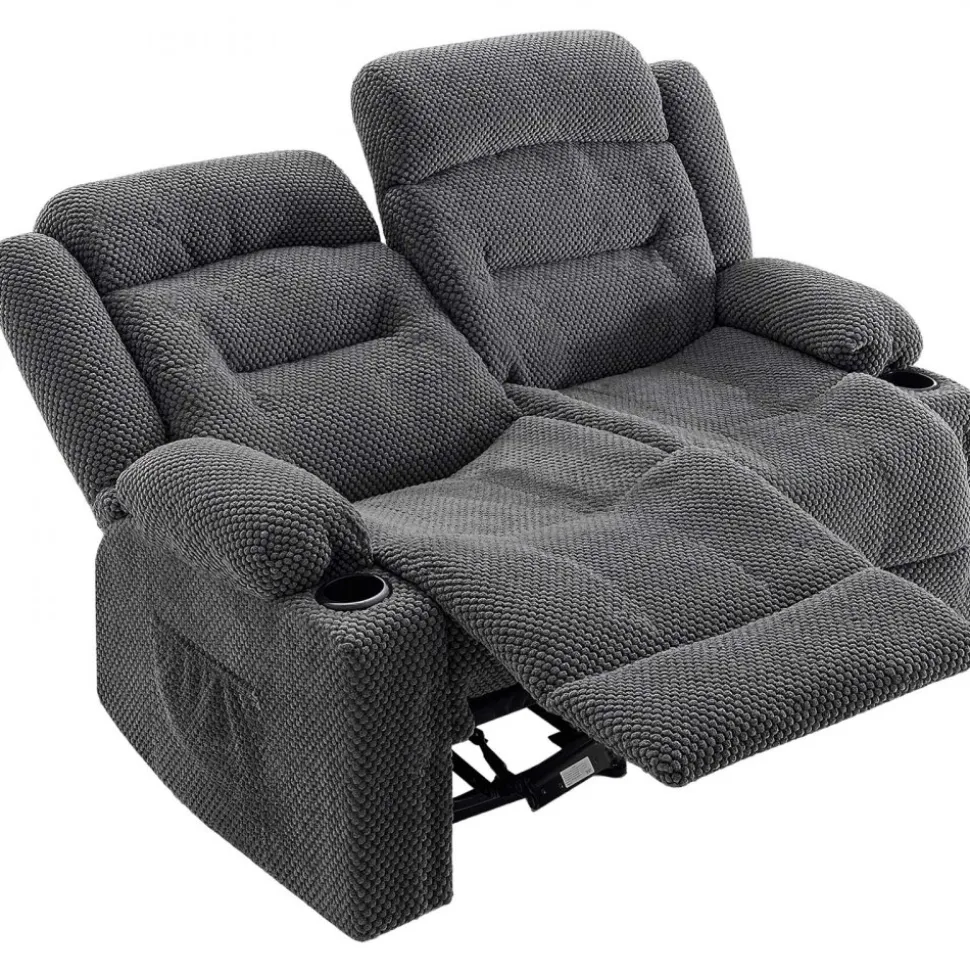 VEVOR Loveseat Recliner Sofa, Manual Reclining Couch with Heating and Massage, Soft Corduroy Recliner Sofa with USB Ports, Cup Holders and Side Storage Bags, Dual Loveseat Chair for Living Room, Grey