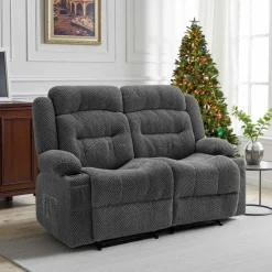 VEVOR Loveseat Recliner Sofa, Manual Reclining Couch with Heating and Massage, Soft Corduroy Recliner Sofa with USB Ports, Cup Holders and Side Storage Bags, Dual Loveseat Chair for Living Room, Grey