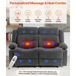 VEVOR Loveseat Recliner Sofa, Manual Reclining Couch with Heating and Massage, Soft Corduroy Recliner Sofa with USB Ports, Cup Holders and Side Storage Bags, Dual Loveseat Chair for Living Room, Grey