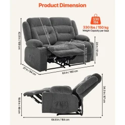 VEVOR Loveseat Recliner Sofa, Manual Reclining Couch with Heating and Massage, Soft Corduroy Recliner Sofa with USB Ports, Cup Holders and Side Storage Bags, Dual Loveseat Chair for Living Room, Grey