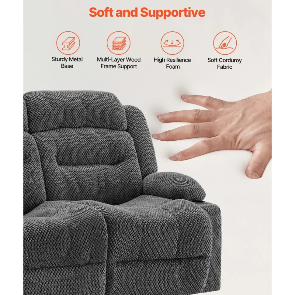 VEVOR Loveseat Recliner Sofa, Manual Reclining Couch with Heating and Massage, Soft Corduroy Recliner Sofa with USB Ports, Cup Holders and Side Storage Bags, Dual Loveseat Chair for Living Room, Grey