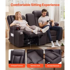 VEVOR Loveseat Recliner Sofa, Manual Reclining Couch with Center Console, PU Faux Leather Recliner Sofa with USB Ports, Cup Holders and Storage Bags, Dual Loveseat Chair for Living Room/RV, Brown