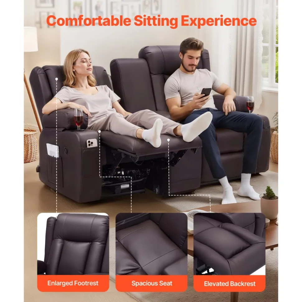 VEVOR Loveseat Recliner Sofa, Manual Reclining Couch with Center Console, PU Faux Leather Recliner Sofa with USB Ports, Cup Holders and Storage Bags, Dual Loveseat Chair for Living Room/RV, Brown
