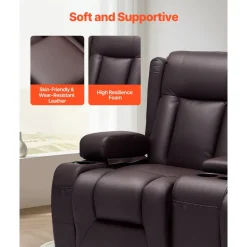 VEVOR Loveseat Recliner Sofa, Manual Reclining Couch with Center Console, PU Faux Leather Recliner Sofa with USB Ports, Cup Holders and Storage Bags, Dual Loveseat Chair for Living Room/RV, Brown