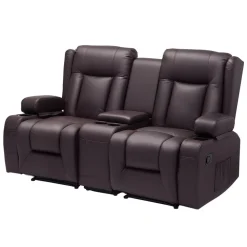 VEVOR Loveseat Recliner Sofa, Manual Reclining Couch with Center Console, PU Faux Leather Recliner Sofa with USB Ports, Cup Holders and Storage Bags, Dual Loveseat Chair for Living Room/RV, Brown