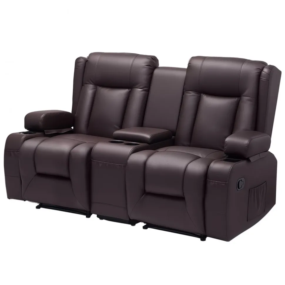 VEVOR Loveseat Recliner Sofa, Manual Reclining Couch with Center Console, PU Faux Leather Recliner Sofa with USB Ports, Cup Holders and Storage Bags, Dual Loveseat Chair for Living Room/RV, Brown
