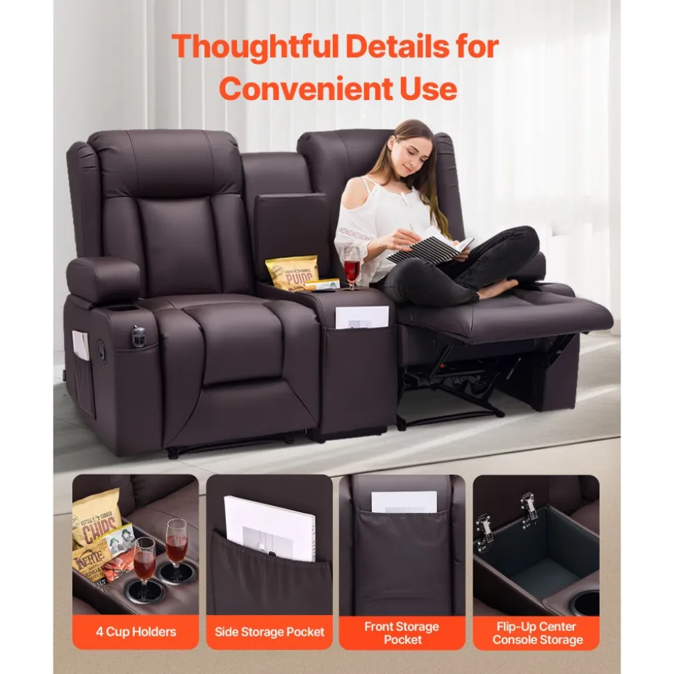VEVOR Loveseat Recliner Sofa, Manual Reclining Couch with Center Console, PU Faux Leather Recliner Sofa with USB Ports, Cup Holders and Storage Bags, Dual Loveseat Chair for Living Room/RV, Brown