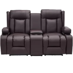 VEVOR Loveseat Recliner Sofa, Manual Reclining Couch with Center Console, PU Faux Leather Recliner Sofa with USB Ports, Cup Holders and Storage Bags, Dual Loveseat Chair for Living Room/RV, Brown