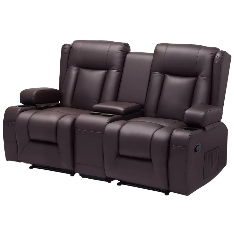 VEVOR Loveseat Recliner Sofa, Manual Reclining Couch with Center Console, PU Faux Leather Recliner Sofa with USB Ports, Cup Holders and Storage Bags, Dual Loveseat Chair for Living Room/RV, Brown