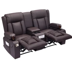 VEVOR Loveseat Recliner Sofa, Manual Reclining Couch with Center Console, PU Faux Leather Recliner Sofa with USB Ports, Cup Holders and Storage Bags, Dual Loveseat Chair for Living Room/RV, Brown
