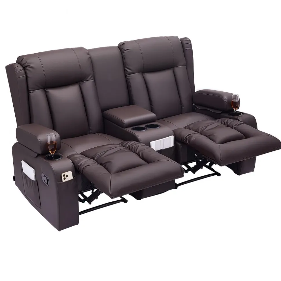 VEVOR Loveseat Recliner Sofa, Manual Reclining Couch with Center Console, PU Faux Leather Recliner Sofa with USB Ports, Cup Holders and Storage Bags, Dual Loveseat Chair for Living Room/RV, Brown