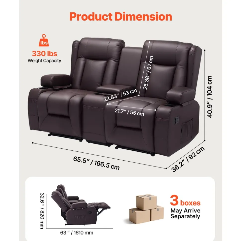 VEVOR Loveseat Recliner Sofa, Manual Reclining Couch with Center Console, PU Faux Leather Recliner Sofa with USB Ports, Cup Holders and Storage Bags, Dual Loveseat Chair for Living Room/RV, Brown