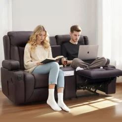VEVOR Loveseat Recliner Sofa, Manual Reclining Couch with Center Console, PU Faux Leather Recliner Sofa with USB Ports, Cup Holders and Storage Bags, Dual Loveseat Chair for Living Room/RV, Brown