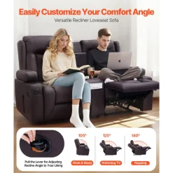 VEVOR Loveseat Recliner Sofa, Manual Reclining Couch with Center Console, PU Faux Leather Recliner Sofa with USB Ports, Cup Holders and Storage Bags, Dual Loveseat Chair for Living Room/RV, Brown