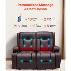 VEVOR Loveseat Recliner Sofa, Power Reclining Couch with Heating & Massage and Timer, PU Leather Electric Recliner Sofa with USB Ports, Cup Holders and Side Bags, Dual Loveseat Chair for Living Room