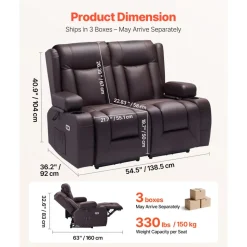 VEVOR Loveseat Recliner Sofa, Power Reclining Couch with Heating & Massage and Timer, PU Leather Electric Recliner Sofa with USB Ports, Cup Holders and Side Bags, Dual Loveseat Chair for Living Room