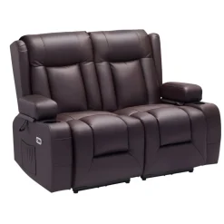 VEVOR Loveseat Recliner Sofa, Power Reclining Couch with Heating & Massage and Timer, PU Leather Electric Recliner Sofa with USB Ports, Cup Holders and Side Bags, Dual Loveseat Chair for Living Room