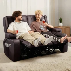 VEVOR Loveseat Recliner Sofa, Power Reclining Couch with Heating & Massage and Timer, PU Leather Electric Recliner Sofa with USB Ports, Cup Holders and Side Bags, Dual Loveseat Chair for Living Room