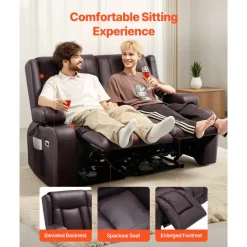 VEVOR Loveseat Recliner Sofa, Power Reclining Couch with Heating & Massage and Timer, PU Leather Electric Recliner Sofa with USB Ports, Cup Holders and Side Bags, Dual Loveseat Chair for Living Room