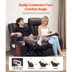VEVOR Loveseat Recliner Sofa, Power Reclining Couch with Heating & Massage and Timer, PU Leather Electric Recliner Sofa with USB Ports, Cup Holders and Side Bags, Dual Loveseat Chair for Living Room
