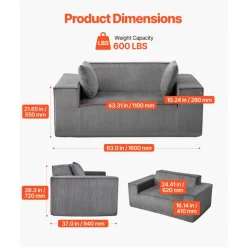 VEVOR Loveseat Sofa, 63-Inch 2-Seats Couch for Living Room, Modern Small Corduroy Couch with Pocket Springs, Soft Cushions, Comfy Loveseat for Bedroom, Office or Apartment, No Assembly Required, Gray