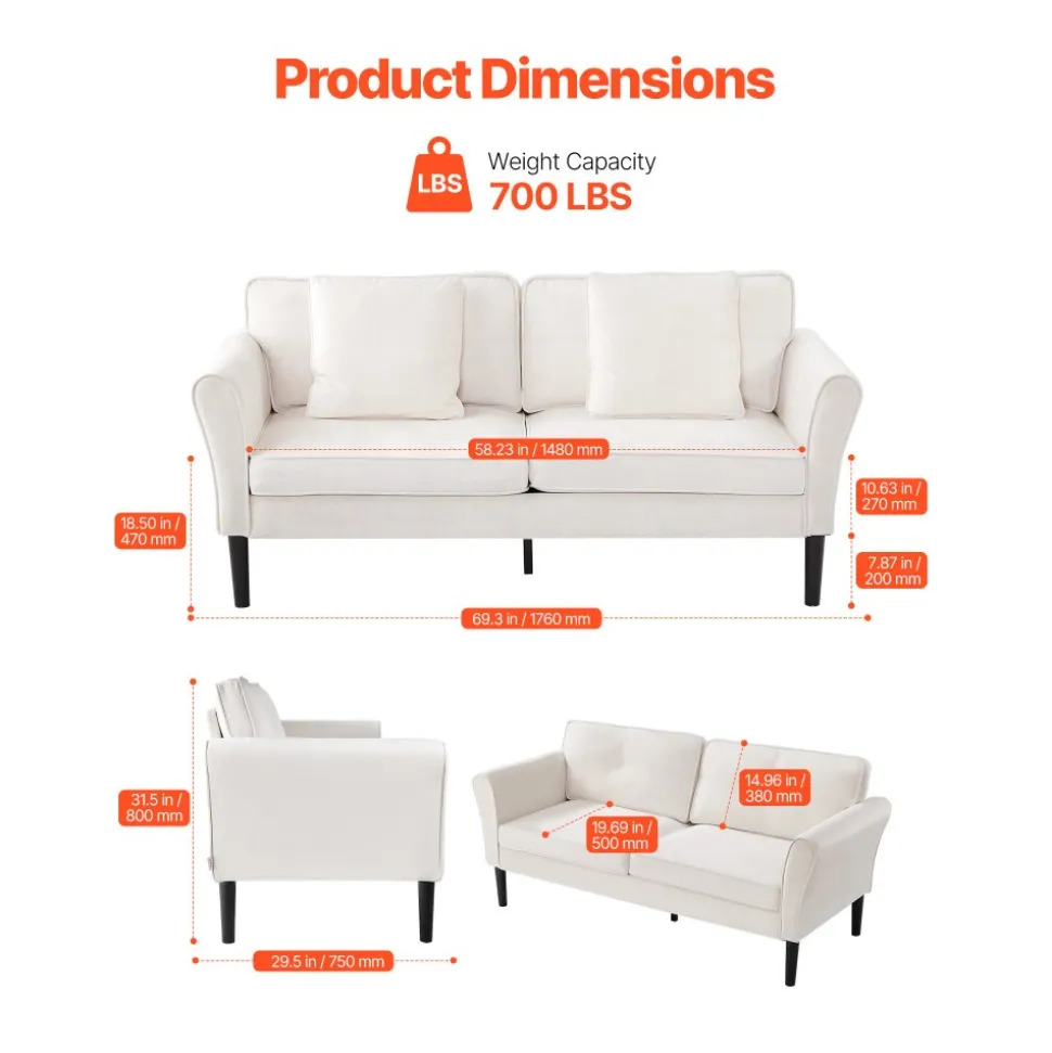 VEVOR Loveseat Sofa, 69-Inch Small Sofa Couch for Living Room, Velvet Fabric 2-Seats Couch with Sinuous Spring, Soft Cushions and Sturdy Frame, Comfy Loveseat for Bedroom, Office or Apartment, White