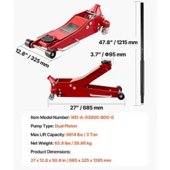 VEVOR Low Profile Floor Jack, 3 Ton (6614 lbs) Capacity, Aluminum Racing Floor Jack with Dual Pistons Quick Lift Pump, Hydraulic Trolley Car Lift for Sports Car, SUV, Pickup, Lifting Range 3.3