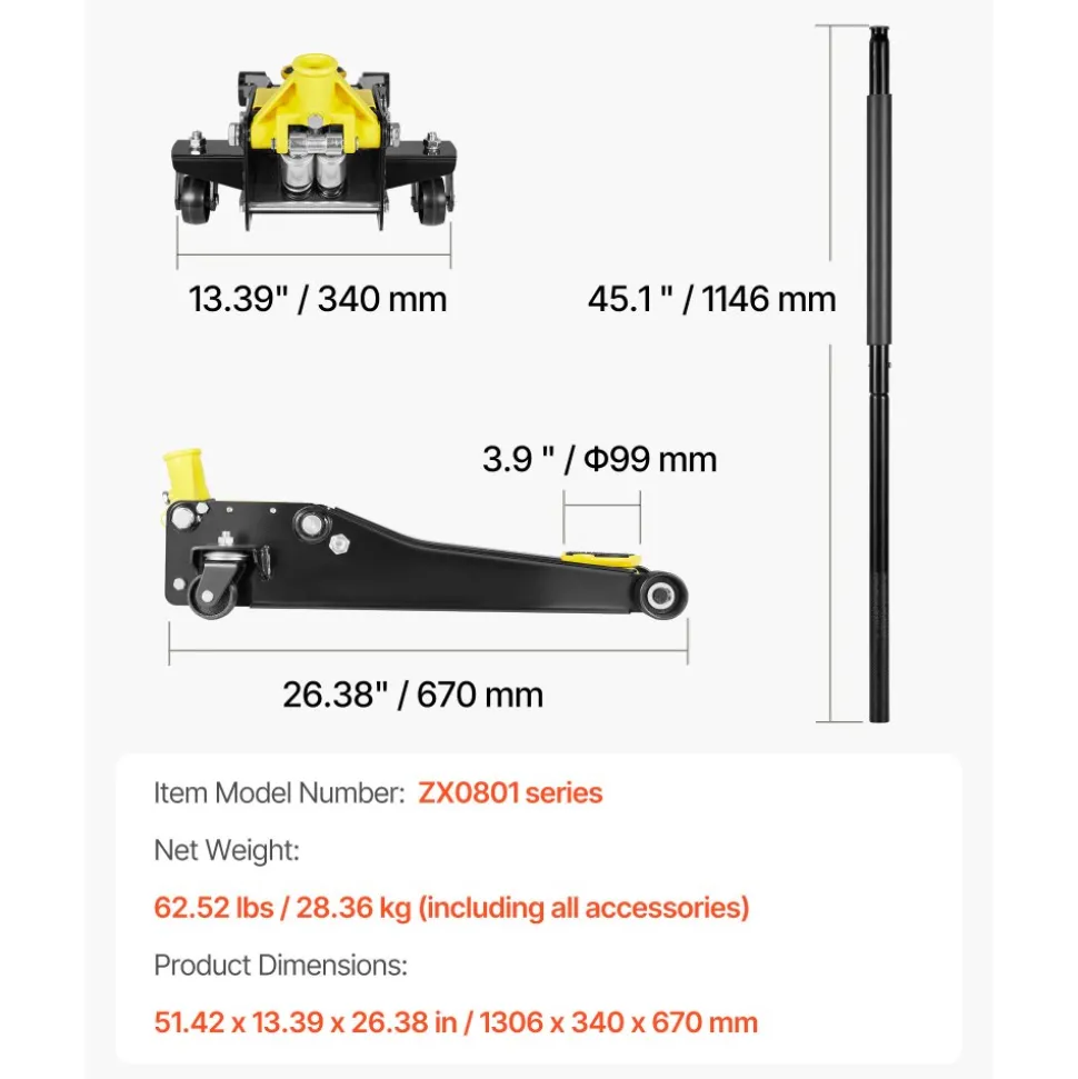 VEVOR Low Profile Floor Jack, 2 Ton (4400 lbs) Capacity, Steel Racing Floor Jack with Dual Pistons Quick Lift Pump, Hydraulic Trolley Car Lift for Sports Cars, Sedans, Lifting Range 2.95-19.9 Inches
