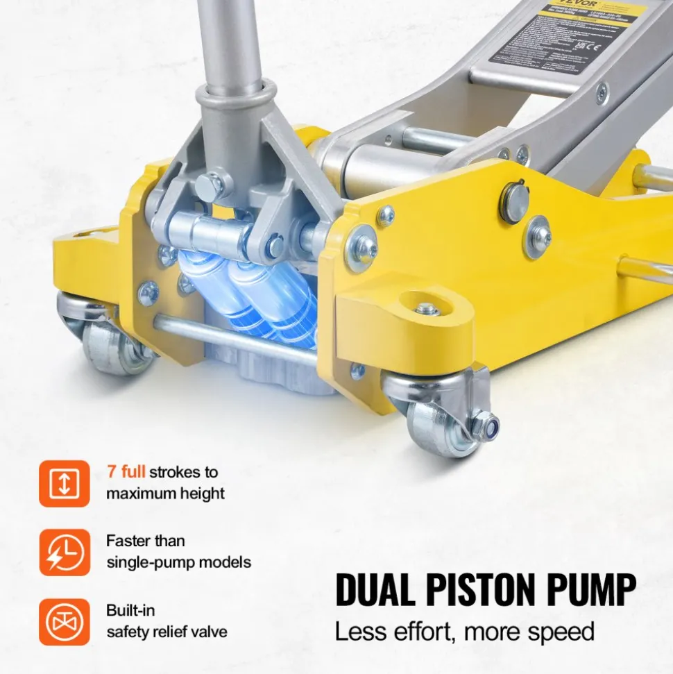 VEVOR Low Profile Floor Jack 3 Ton (6600 lbs), Heavy Duty Aluminum Hydraulic Racing Floor Jack, Hydraulic Car Jack, Dual Piston Quick Lift Pump, 3.7"-18.3" Height Lifting Range (Yellow)