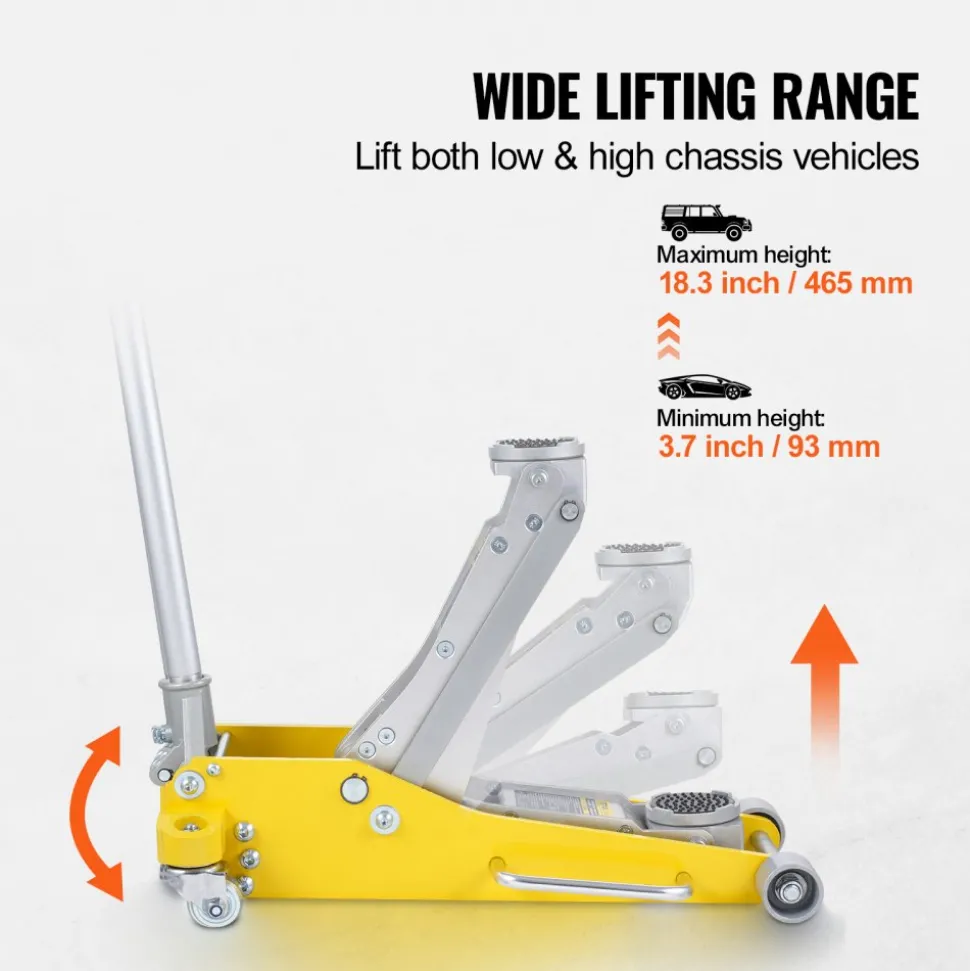VEVOR Low Profile Floor Jack 3 Ton (6600 lbs), Heavy Duty Aluminum Hydraulic Racing Floor Jack, Hydraulic Car Jack, Dual Piston Quick Lift Pump, 3.7"-18.3" Height Lifting Range (Yellow)