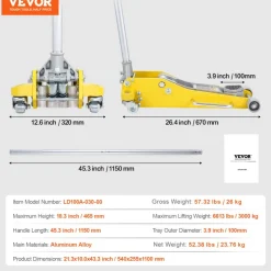 VEVOR Low Profile Floor Jack 3 Ton (6600 lbs), Heavy Duty Aluminum Hydraulic Racing Floor Jack, Hydraulic Car Jack, Dual Piston Quick Lift Pump, 3.7